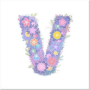 "V" Floral Letter Monogram Posters and Art